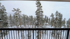 A balcony with a view of a snowy forest. - Large Bright Condo w/ Hot Tub, Pool & Shuttle (Keystone)