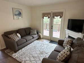 Smart TV, fireplace, books, music library