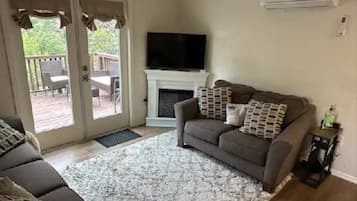 Smart TV, fireplace, books, music library