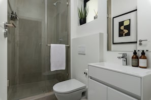 Bathroom features a glass-enclosed shower, toilet, and vanity with a mirror.