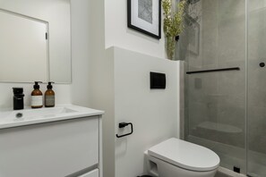 Douche, séchoir à cheveux, serviettes fournies, savon