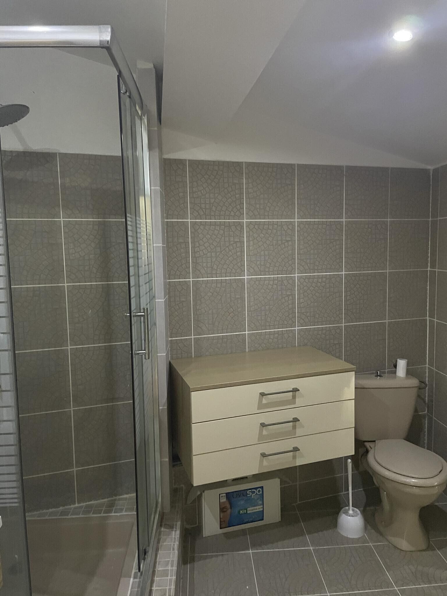 Un baño con ducha, inodoro y tocador con cajones.