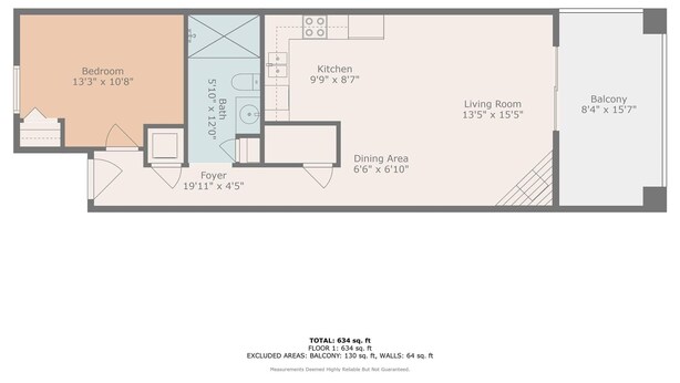 Grundriss eines Wohnhauses mit Schlafzimmer, Küchenzeile, Bad, Essbereich, Eingangsbereich, Wohnzimmer und Balkon.