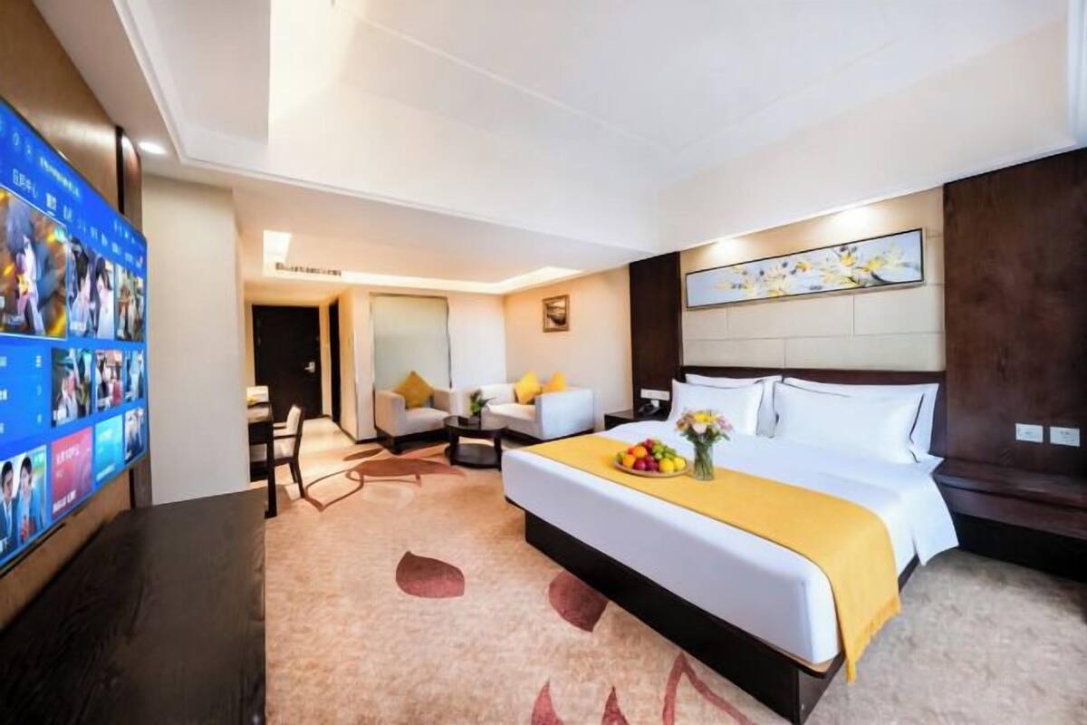 Habitación de hotel con cama, televisión, escritorio y silla.