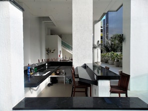 Fridge, microwave, oven, coffee/tea maker