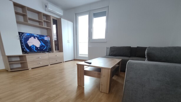 Un salon moderne avec un canapé gris, une table basse en bois et un téléviseur posé sur un meuble en bois.