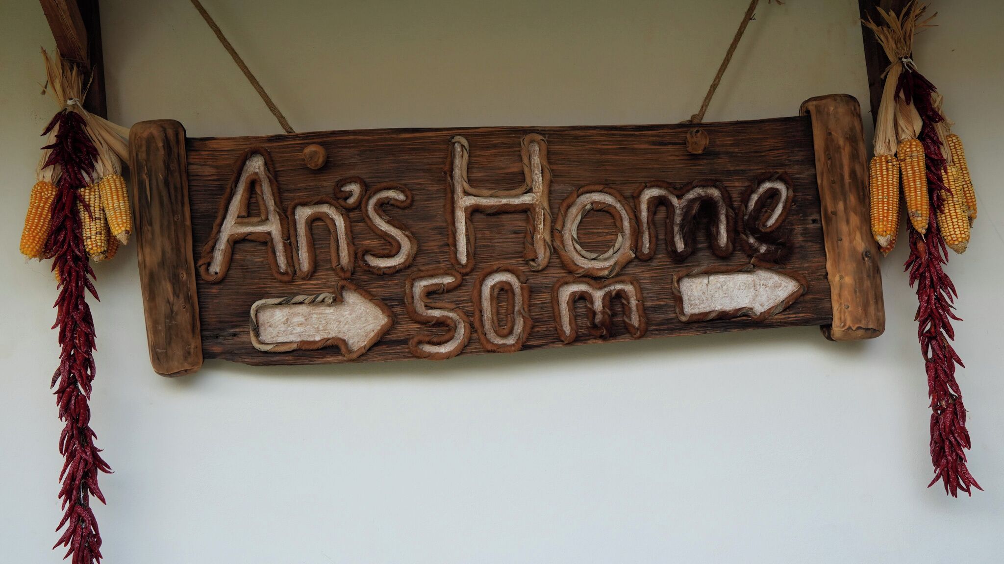 A rustic wooden sign with carved text and arrows, indicating a direction or location.