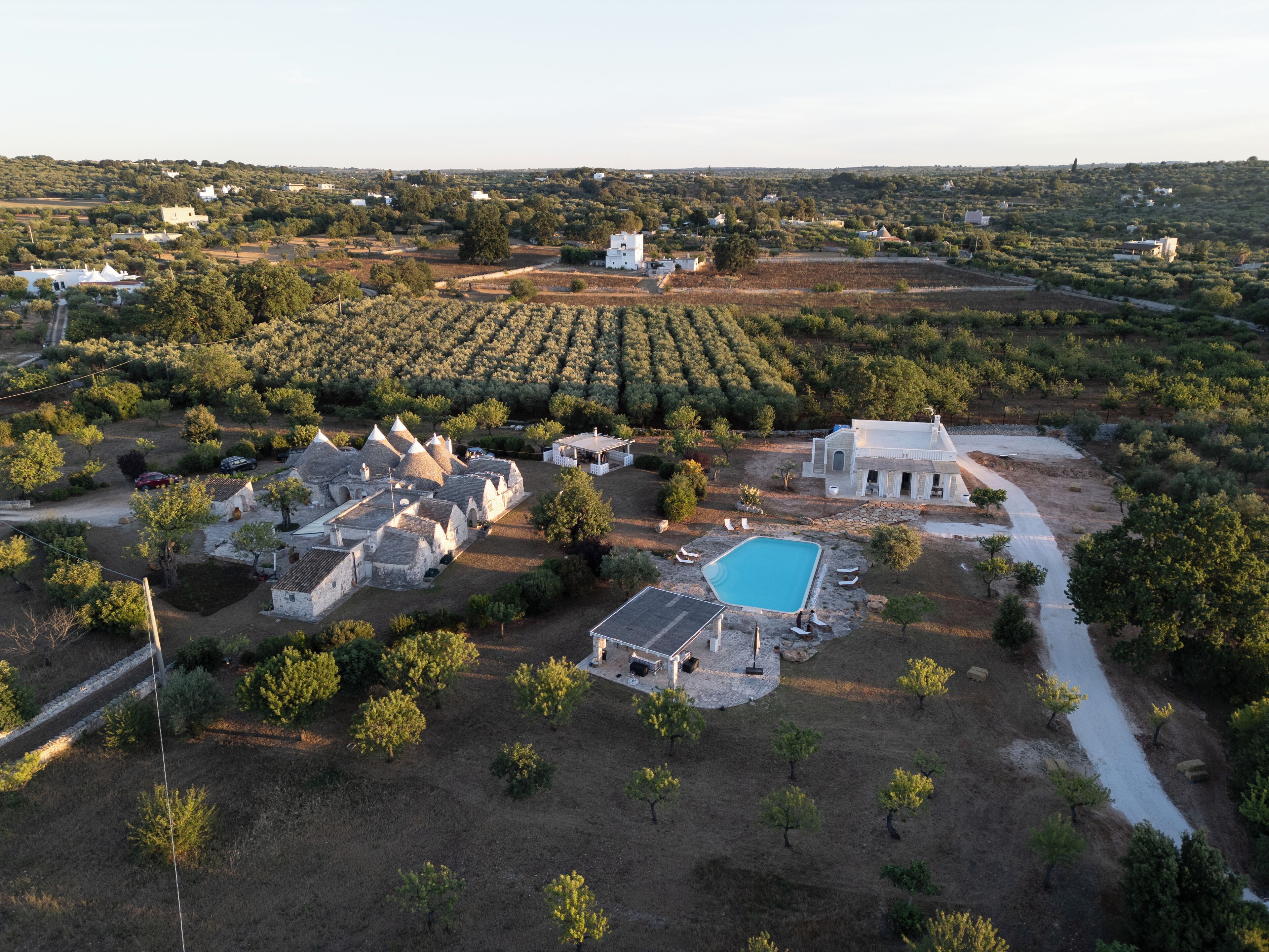 An aerial view of a property with multiple buildings, a swimming pool, and a vineyard.