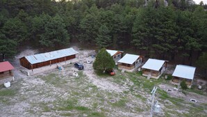 A rustic cabin area with multiple wooden cabins, a large metal-roofed building, and a tree in the center. - CABAÑAS BATOSARACHI (Bocoyna)