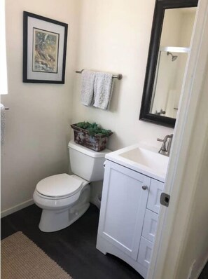 Hair dryer, towels, soap, toilet paper