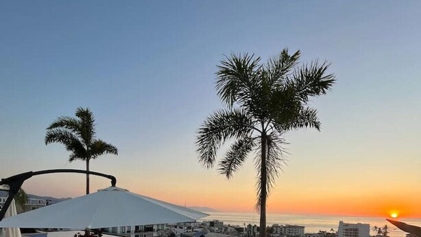 A rooftop infinity pool with lounge chairs and a palm tree, overlooking a cityscape at sunset. - Vallarta City View Condo w/ Pool (Puerto Vallarta)