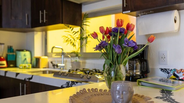 Une cuisine avec des meubles de couleur sombre, une cuisinière à gaz et un vase de tulipes posé sur le plan de travail.