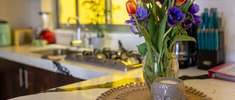 Kjøleskap, mikrobølgeovn, kokeplater og kaffetrakter/tekoker