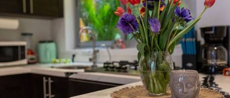 Réfrigérateur, micro-ondes, plaque de cuisson, cafetière/bouilloire