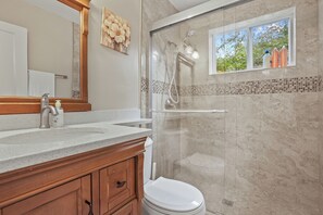 Hair dryer, towels, soap, shampoo