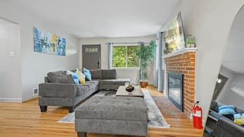 Smart TV, fireplace, books