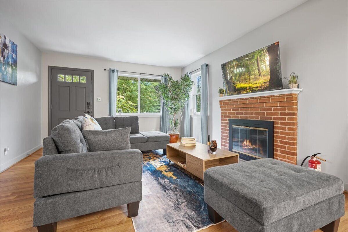 Smart TV, fireplace, books