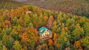 Een lodge met een groen dak, omgeven door dicht bos en bergen op de achtergrond.