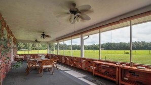 A covered patio with brick walls, wooden furniture, and large windows offering a view of a green field.