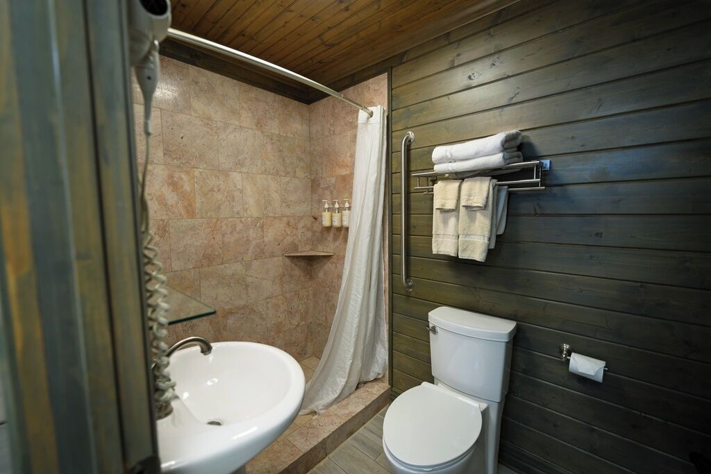 A bathroom with a sink, toilet, and shower area.