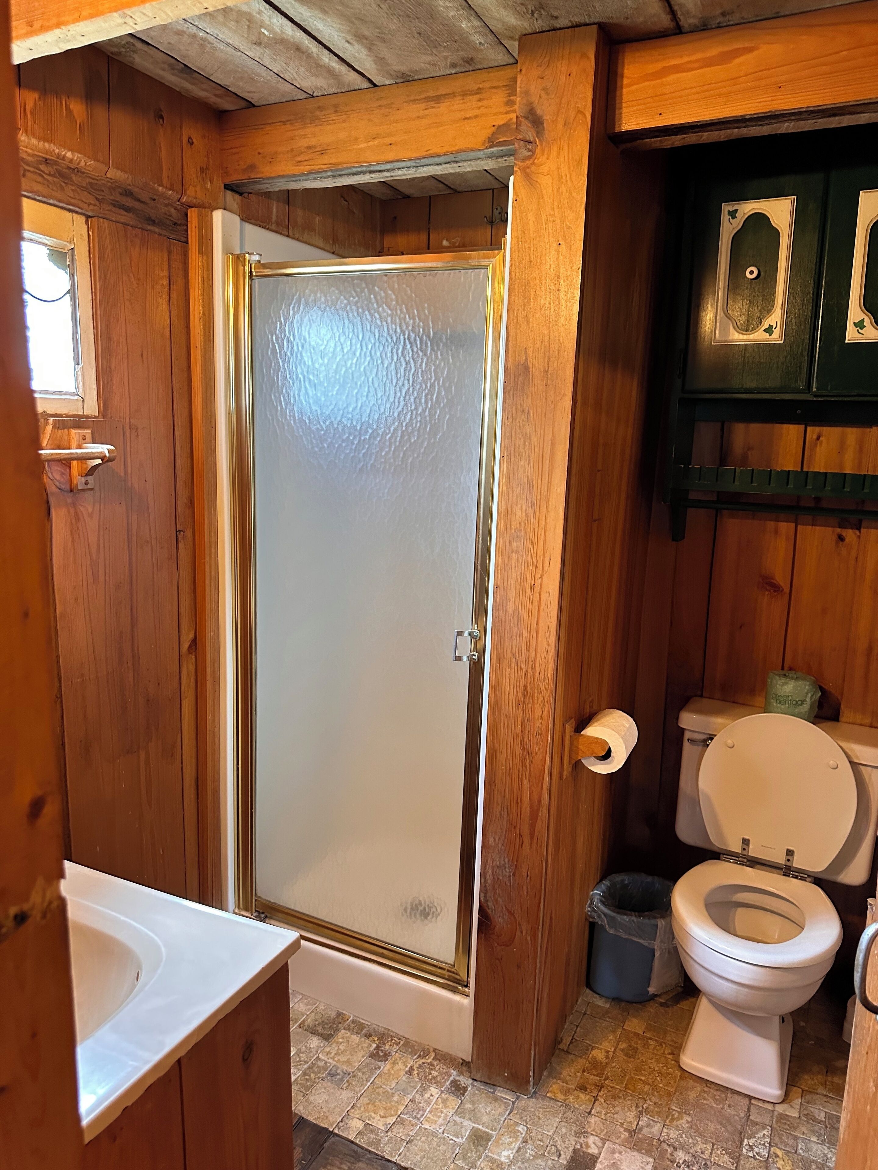A wooden bathroom with a glass shower door, two toilets, and a sink.