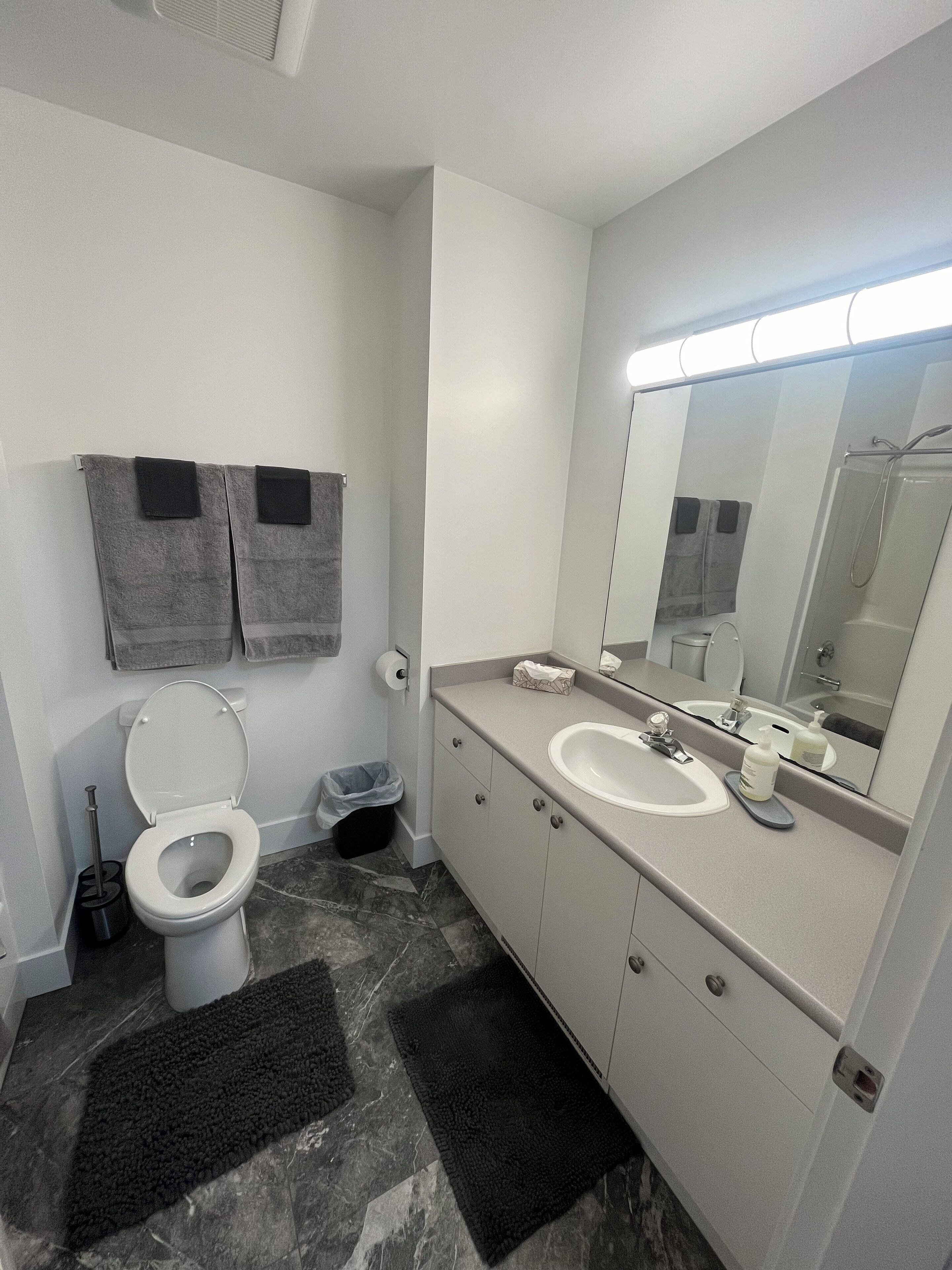 Un baño moderno con inodoro, lavabo y espejo.