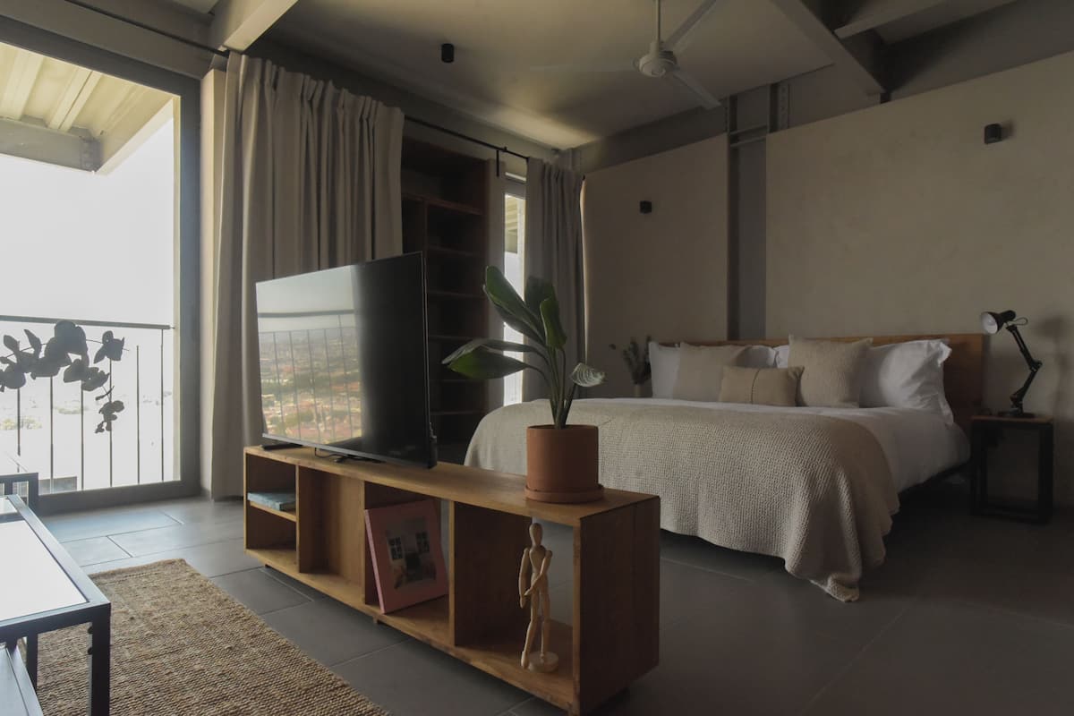 Un dormitorio con una cama, un televisor sobre un mueble de madera, una planta y un balcón con cortinas.