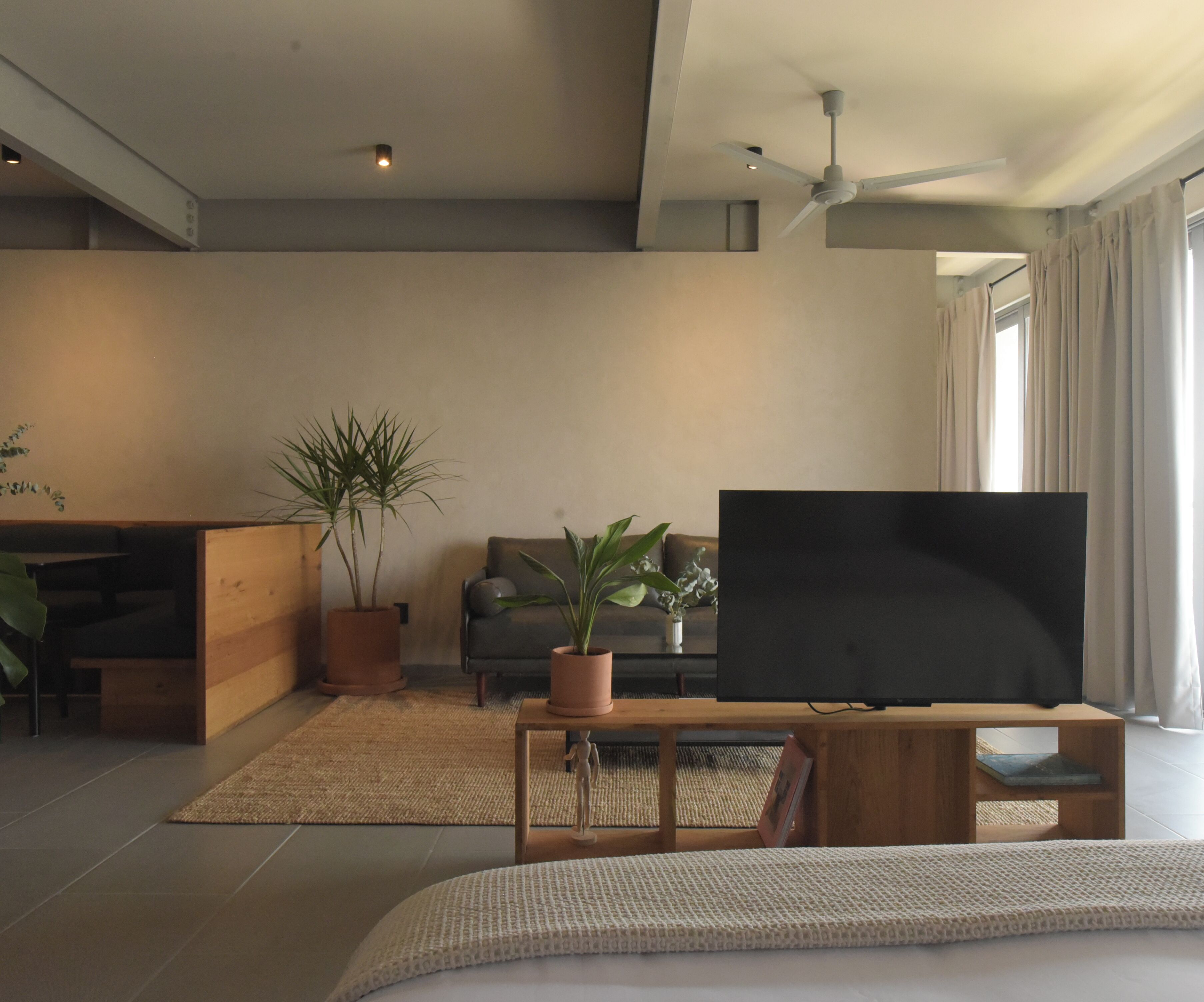 A modern living room with a flat-screen TV, wooden furniture, potted plants, and a ceiling fan.