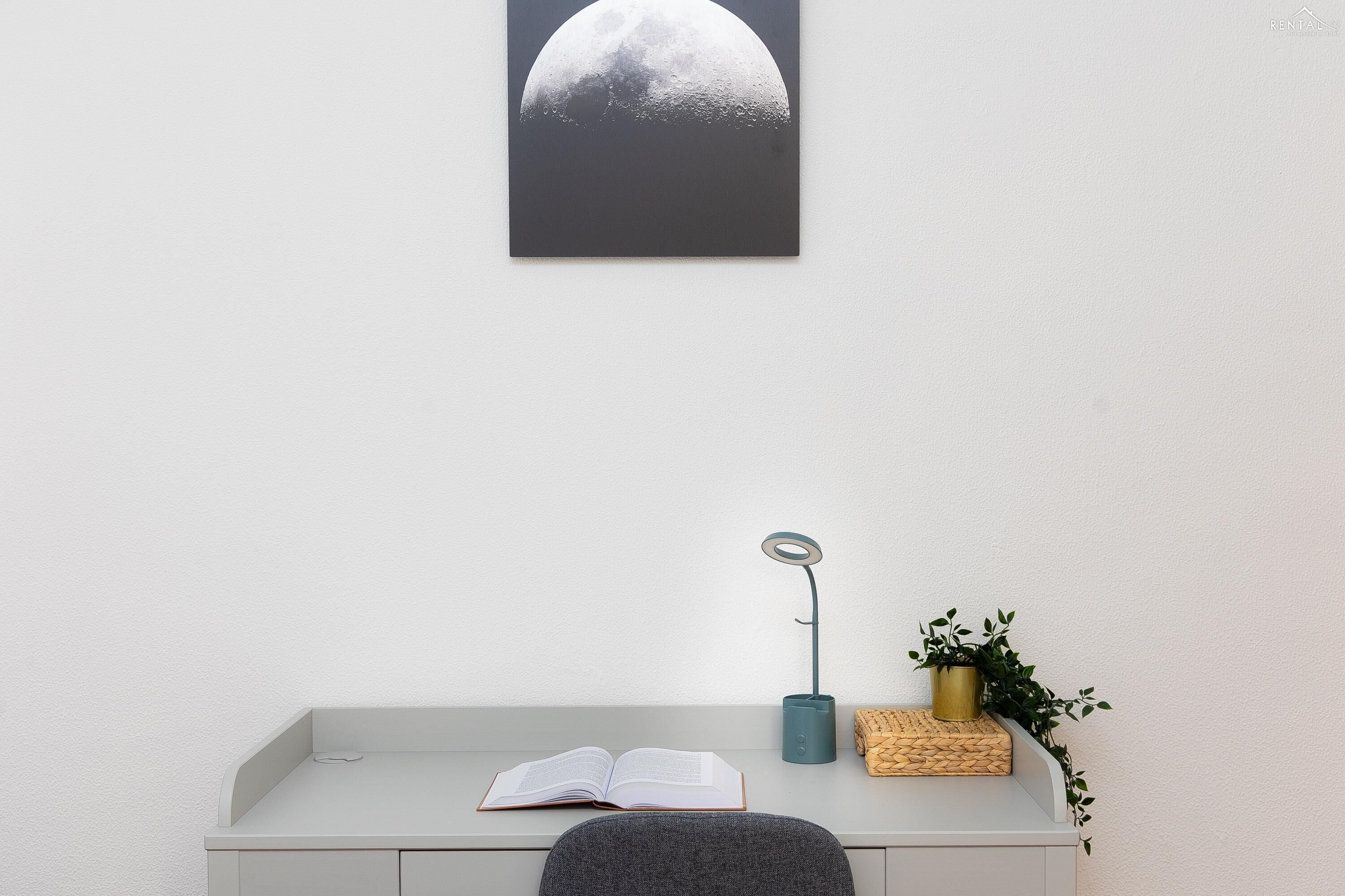 Een bureau met een open boek, een bureaulamp, een plant in pot en een wanddecoratie.