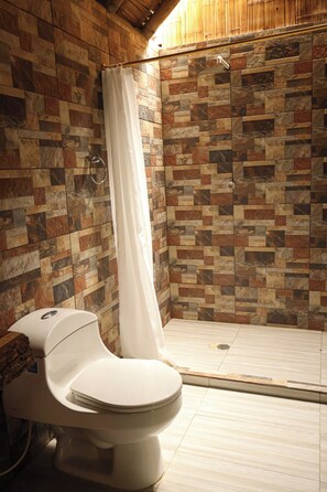 Regadera, toallas, jabón, shampoo 