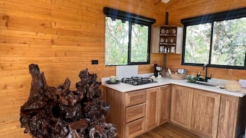 Comfort Cabin | Private kitchen | Full-size fridge, stovetop, dishwasher