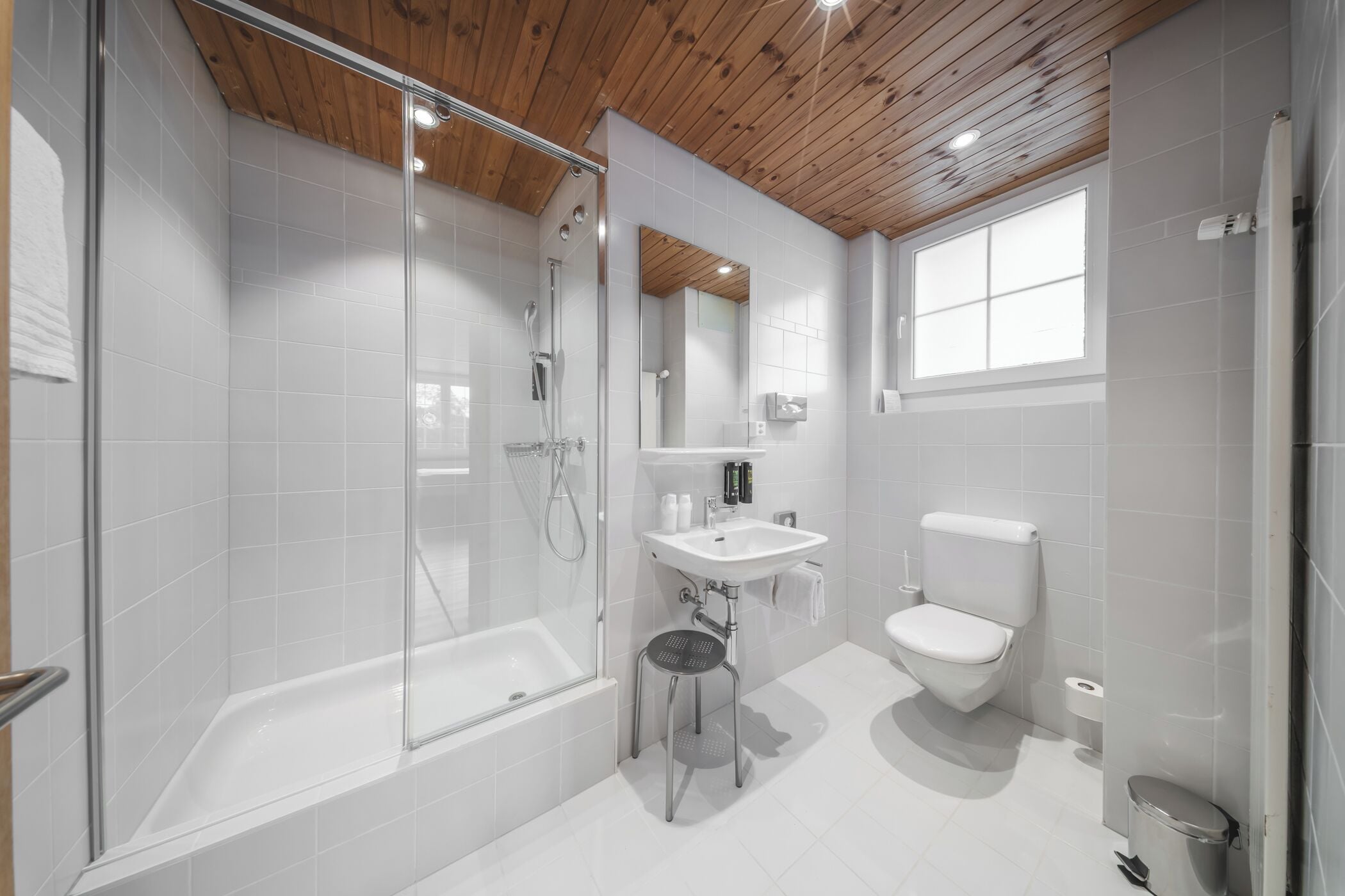 A modern bathroom with a glass-enclosed shower, a white sink, and a toilet.