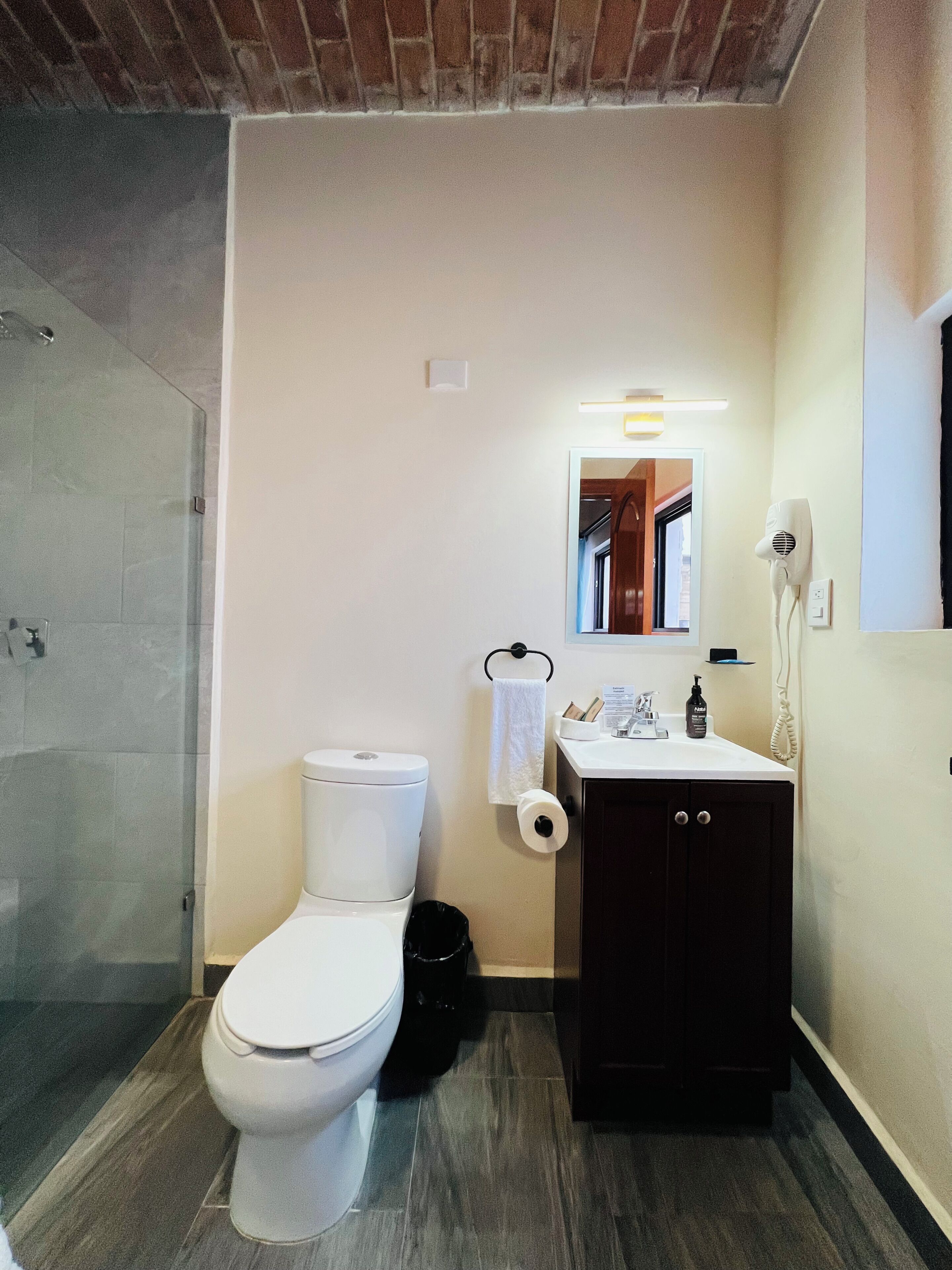 Un baño con inodoro, lavamanos, espejo y ducha.