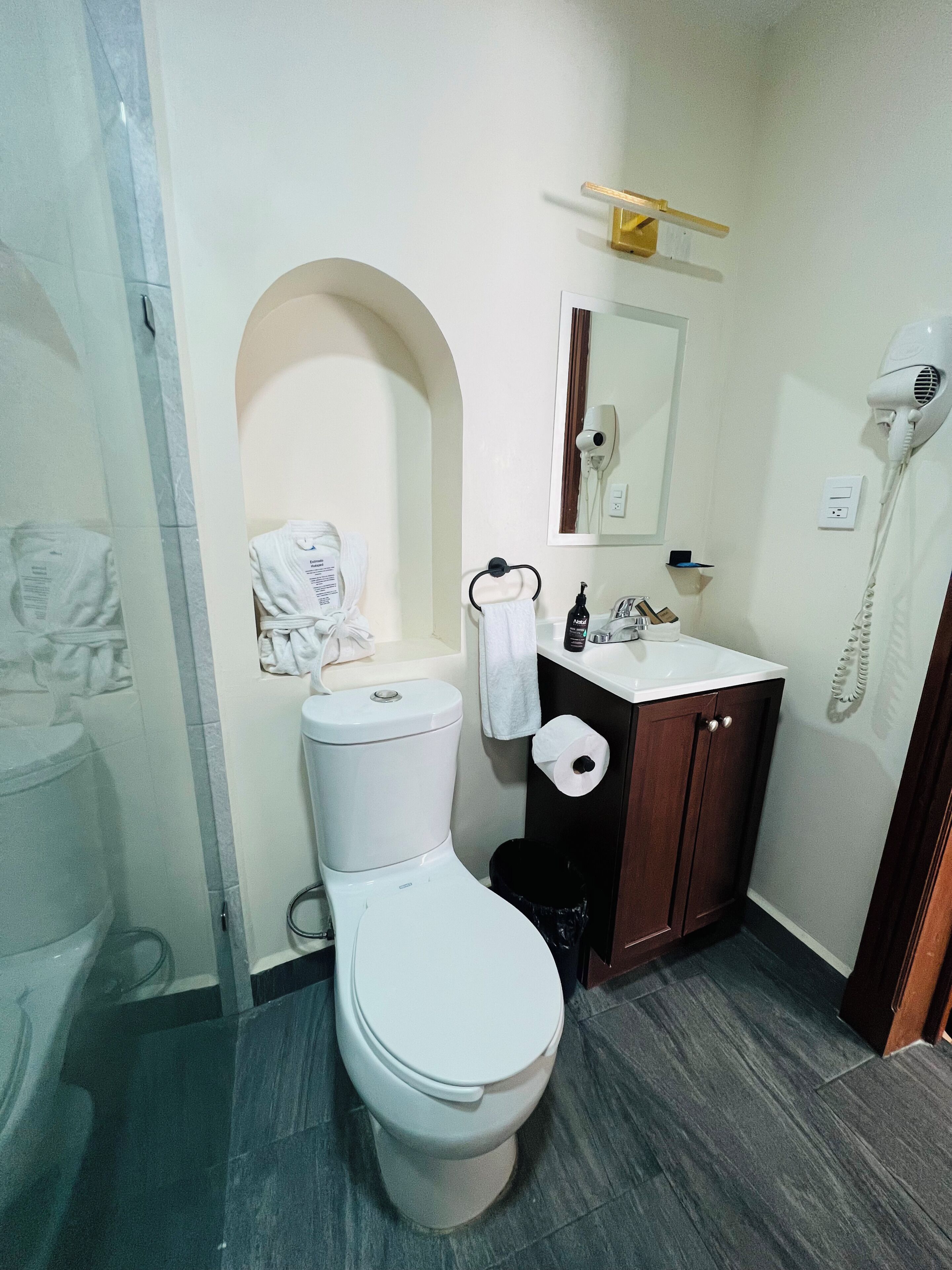 Een badkamer met toilet, wastafel, spiegel, haardroger en handdoekhouder.
