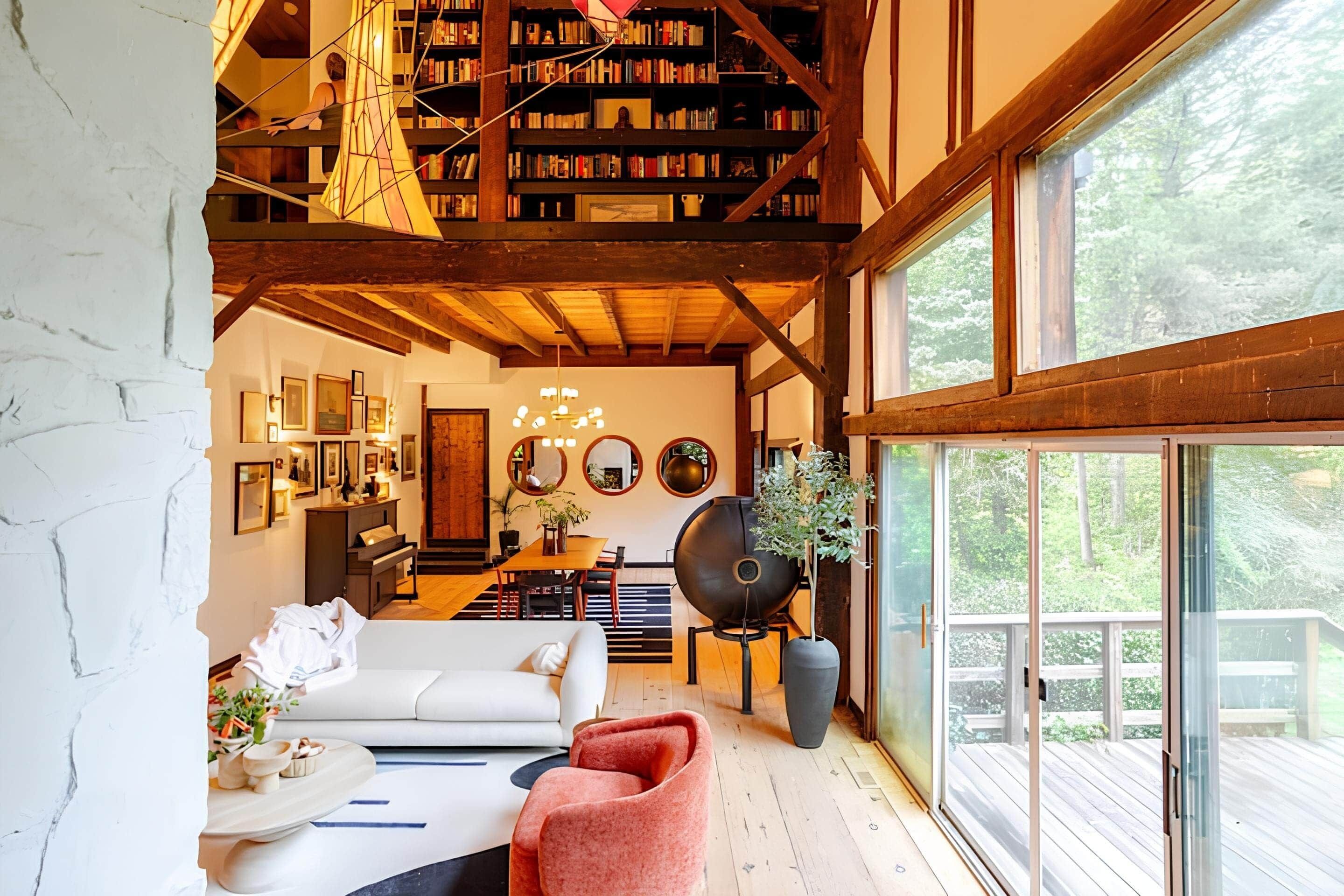 Smart TV, chimenea, libros, biblioteca de música