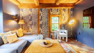 Smart TV, fireplace, books