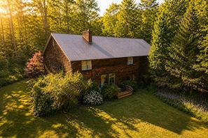 A wooden cabin with a sloped roof, surrounded by dense forest. - Hudson Retreat - 1780s Renovated Barn (Hudson)