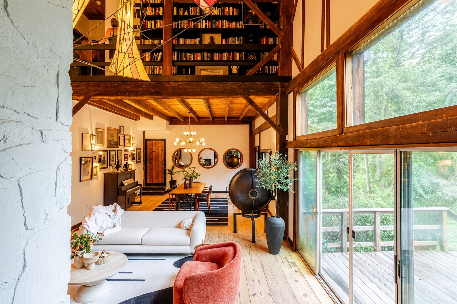 Smart TV, fireplace, books, music library