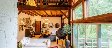 Smart TV, fireplace, books, music library