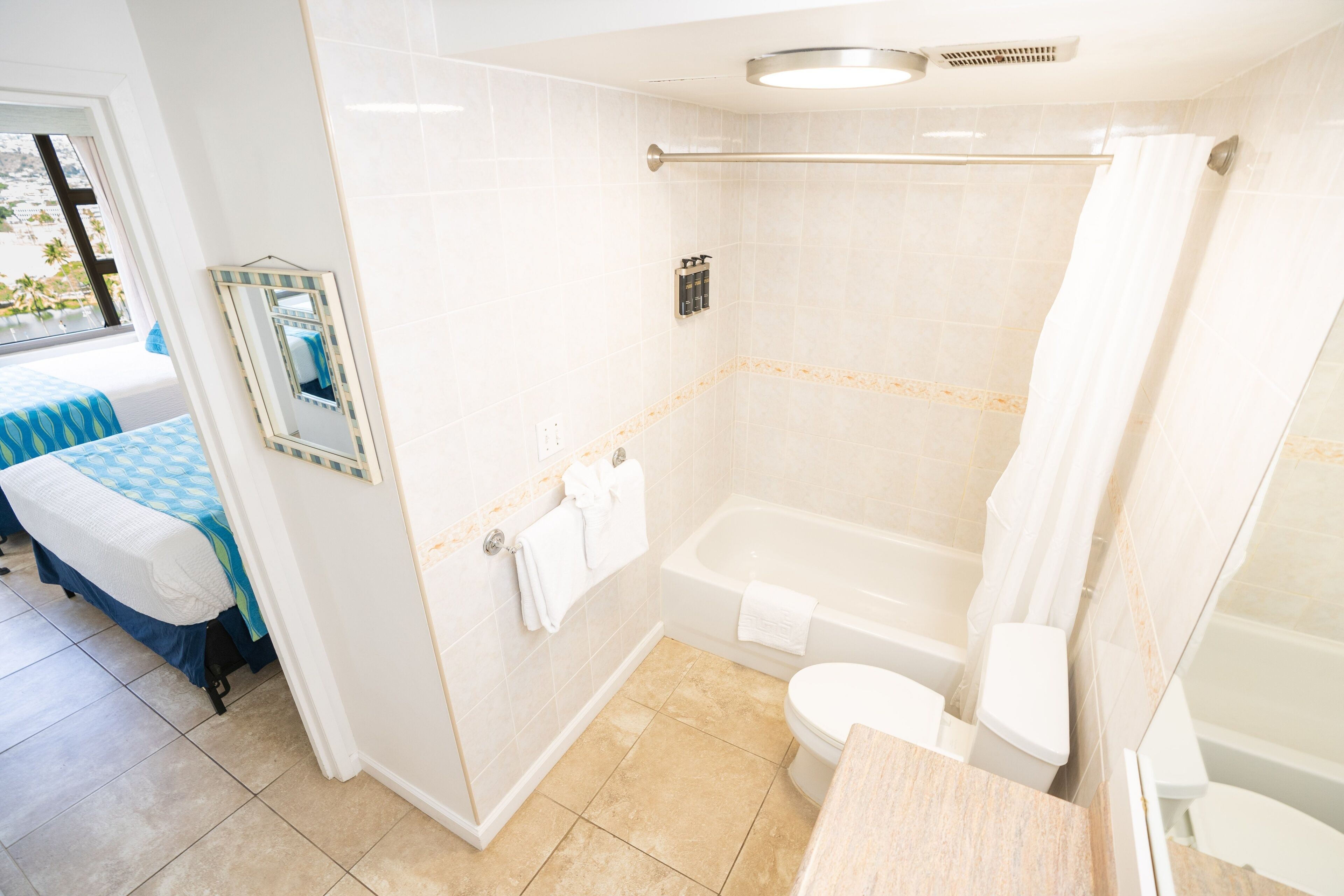 Shower, hair dryer, towels