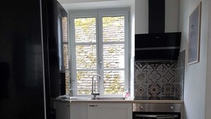 A compact kitchen with a black refrigerator, a double sink, and a built-in oven. - La Sirène, Entre le zoo de Beauval et les Châteaux de la Loire (Romorantin-Lanthenay)