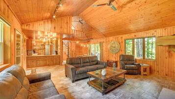 TV, fireplace, books