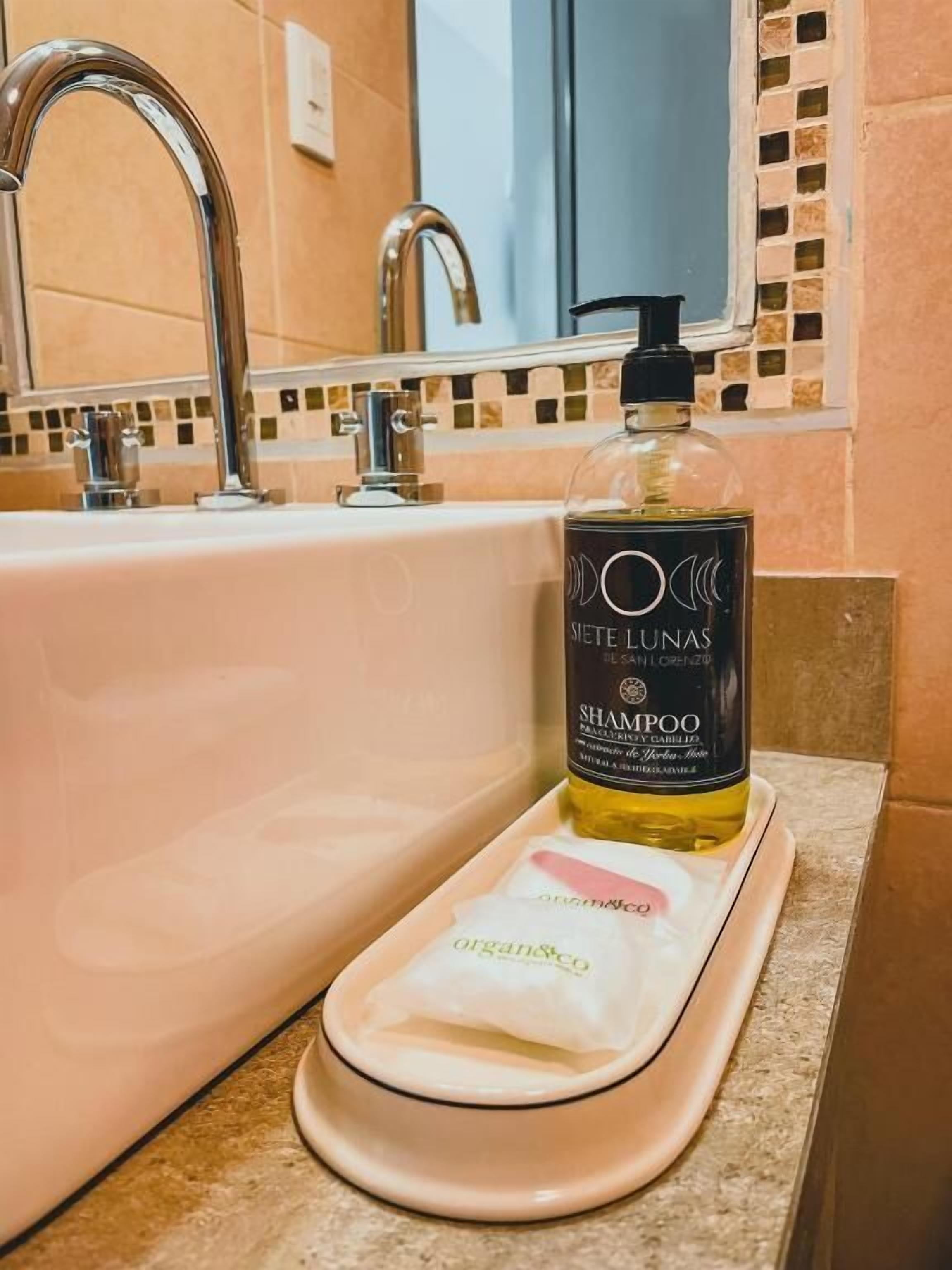 A bathroom with a sink, a bottle of shampoo, and a soap dish.