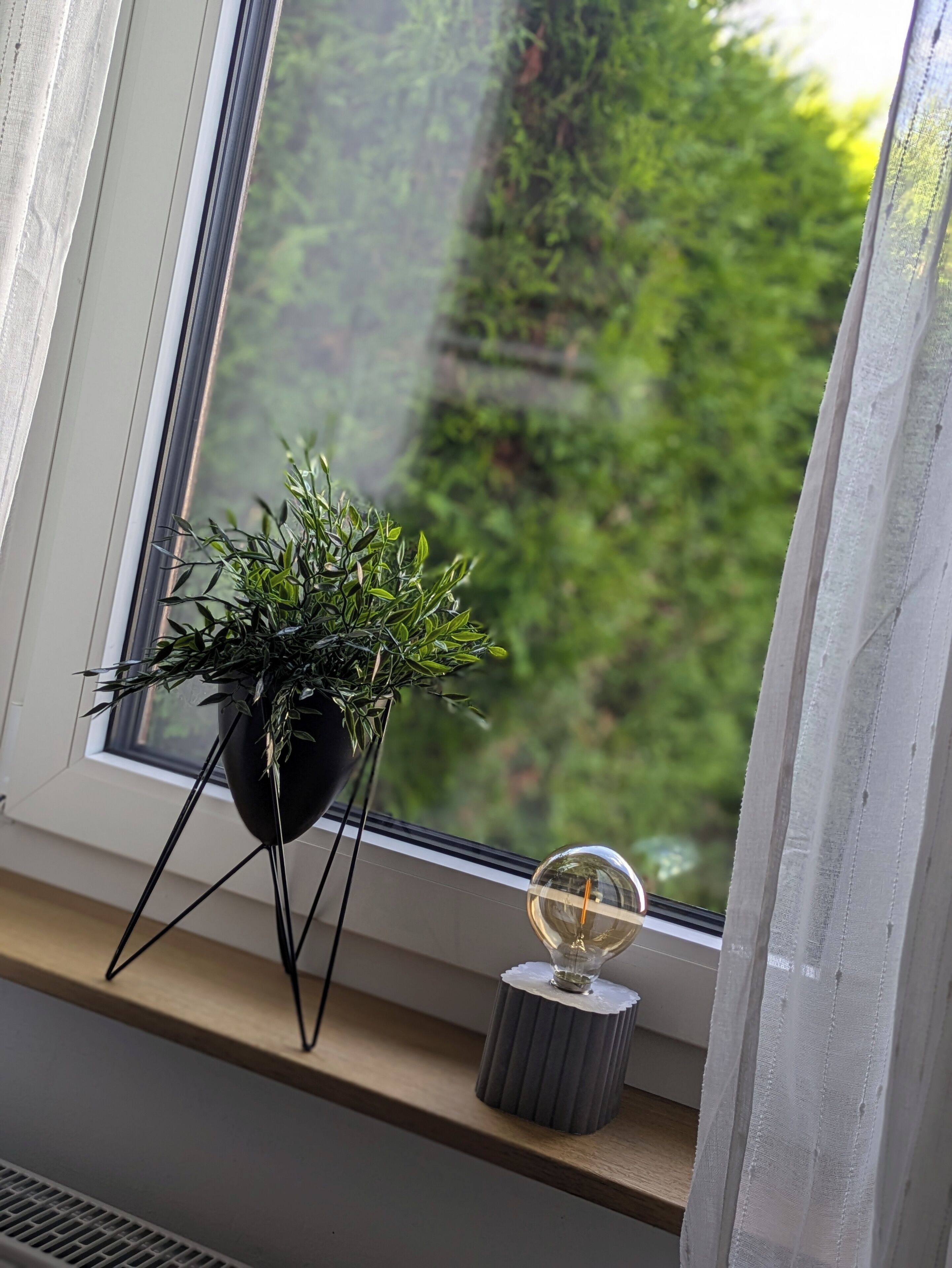 Une fenêtre avec une plante en pot et un objet décoratif posé sur une étagère.