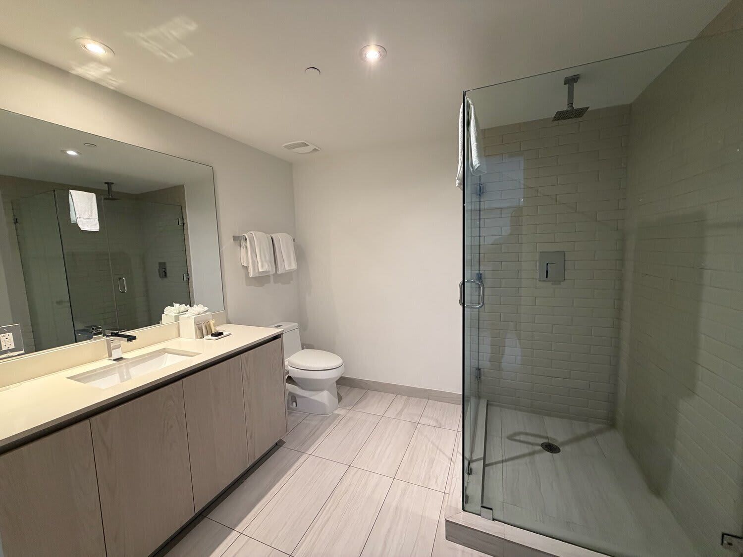A modern bathroom with a glass-enclosed shower, a toilet, and a large mirror.