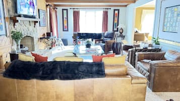 TV connectée, cheminée, lecteur de DVD, livres