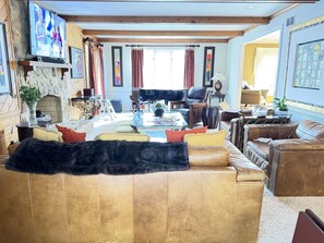 Smart TV, chimenea, reproductor de DVD y libros 