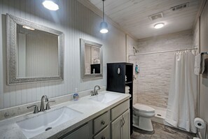 Hair dryer, towels, soap, toilet paper