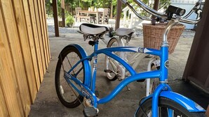 A blue bicycle parked on a concrete surface near a wooden fence. - The Great Gatsby - Luxury Historic Riverside (Jacksonville)