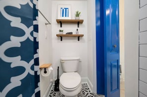Un bagno con il water, due mensole con piante, una porta blu e piastrelle a motivi.